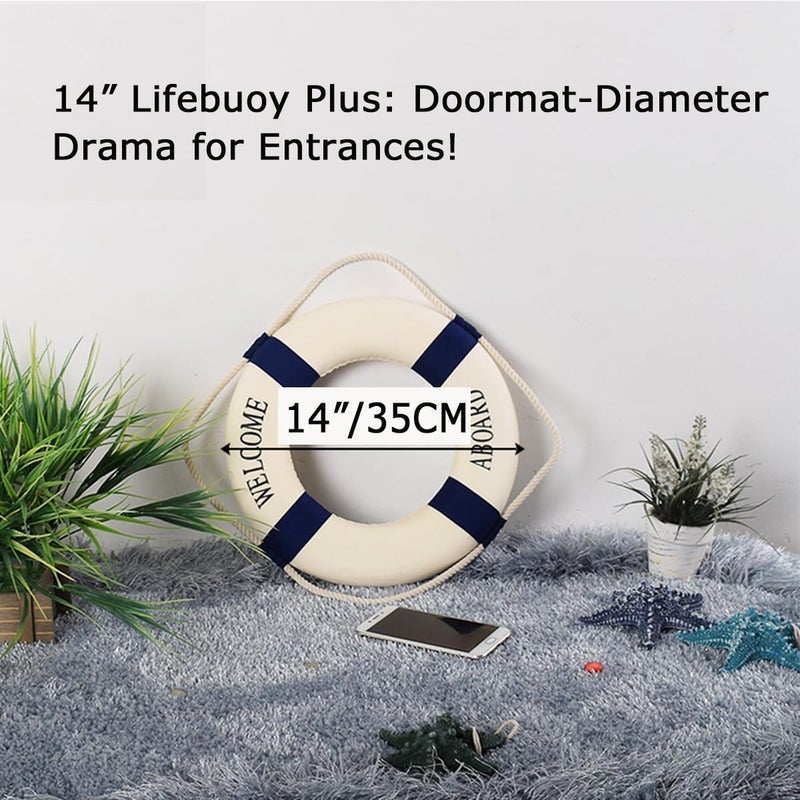 MorroMorn Lifebuoy Wall Hanging Decor - Welcome Aboard Mediterranean Style Home Decoration (Navy, 14") - Image 2